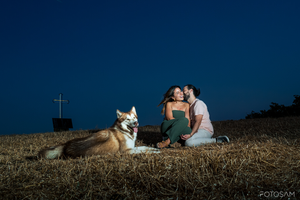 cane-sdraiato-nel-campo-con-coppia-sullo-sfondo-al-tramonto