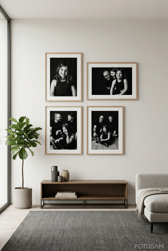 serie-di-fotografie-in-bianco-e-nero-appese-su-parete-chiara-con-arredamento-minimal-e-pianta-decorativa