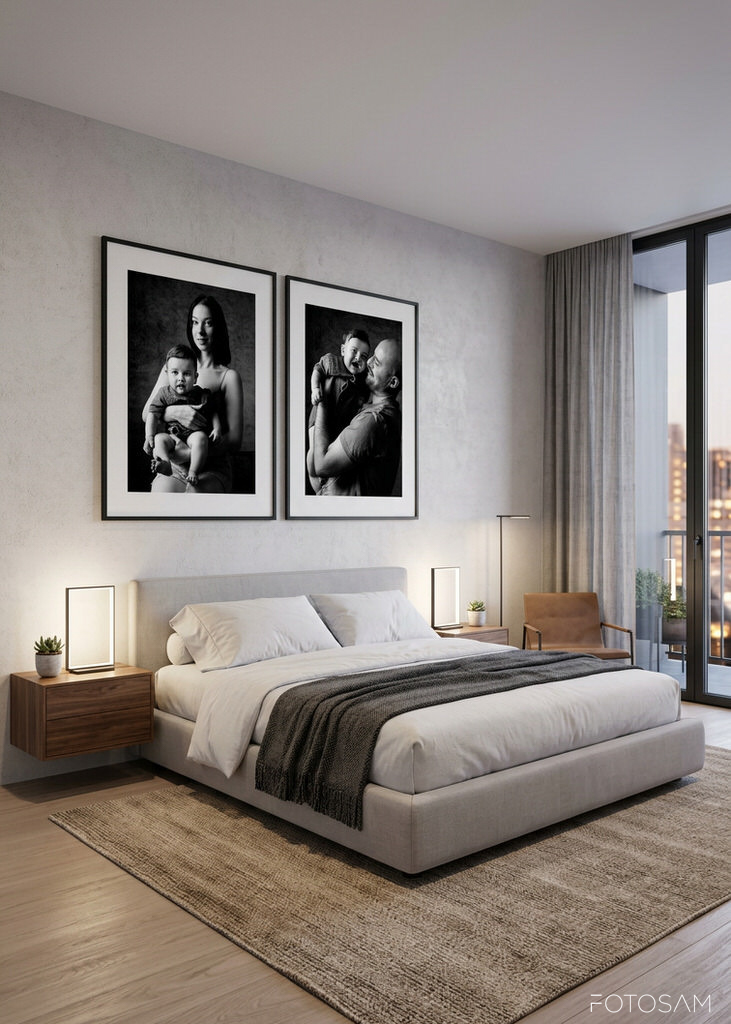 due-fotografie-di-famiglia-in-bianco-e-nero-esposte-con-cornici-di-design-in-camera-da-letto