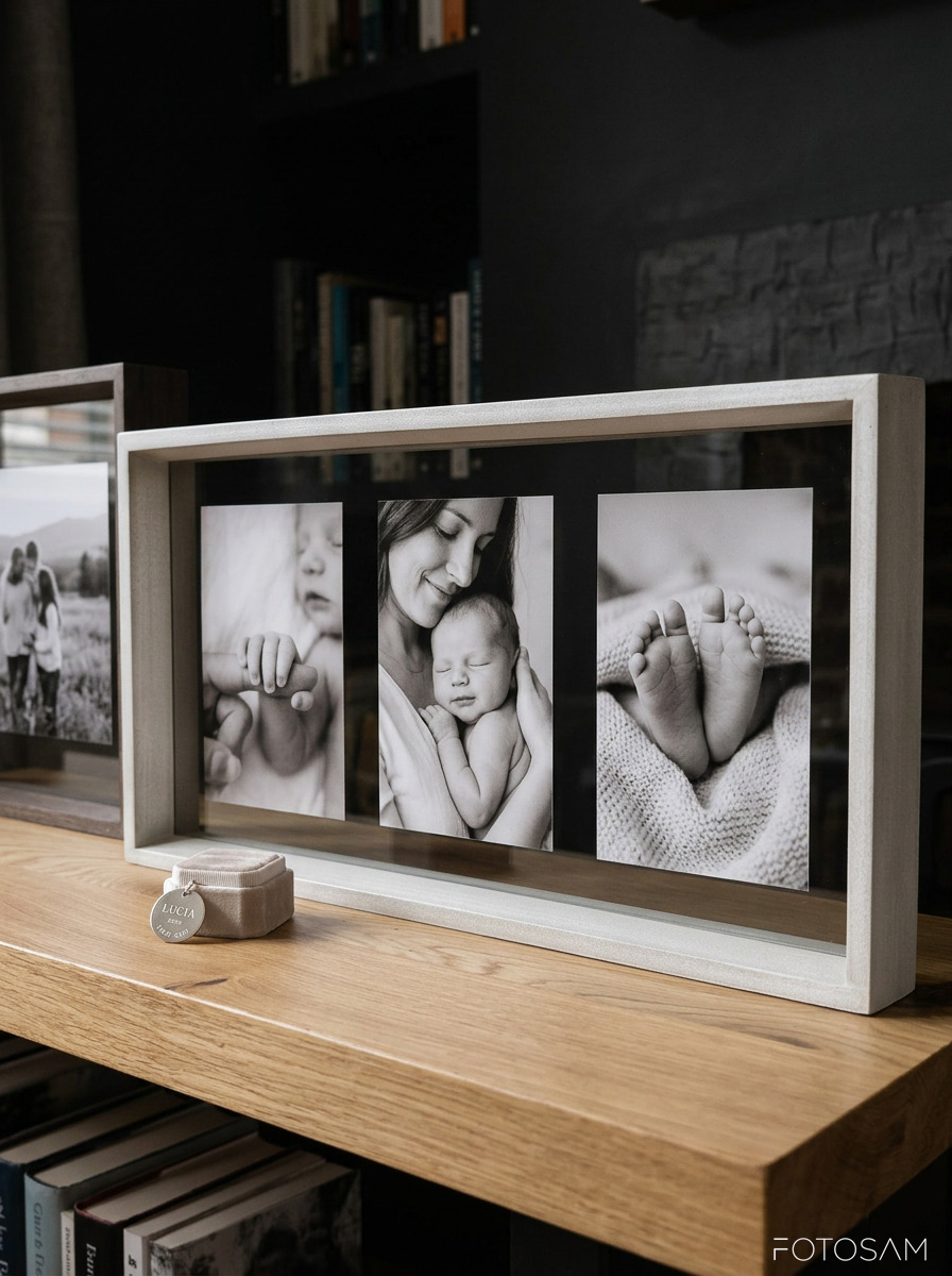 cornici-artigianali-con-fotografie-familiari-su-mensola-in-legno