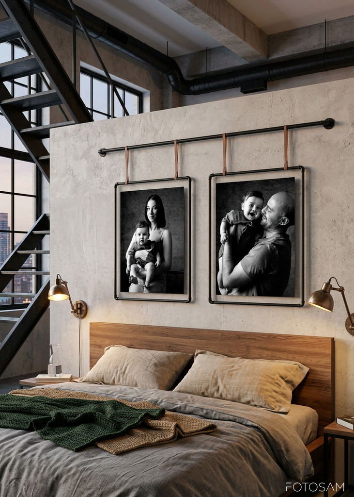 due-ritratti-di-famiglia-in-bianco-e-nero-valorizzati-da-cornici-in-un-interno-industriale