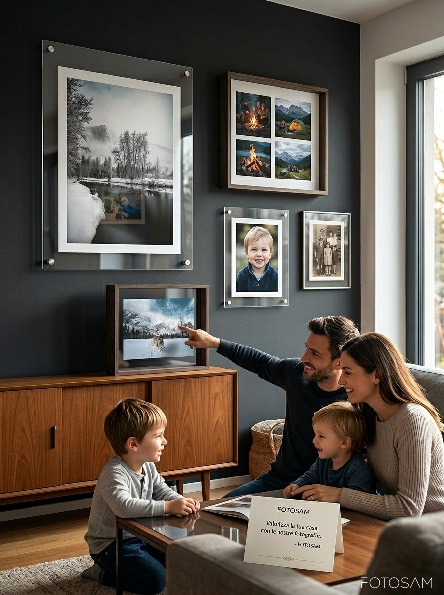 famiglia-che-ammira-foto-esposte-in-un-soggiorno-moderno